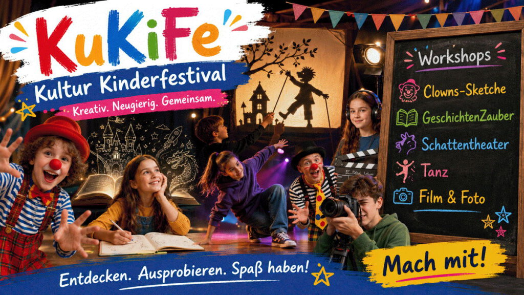Kultur-Kinder Festival 2026 Werbeplakat für das KuKiFe Kultur Kinderfestival mit Workshops, Mitmachaktionen und dem Aufruf „Mach mit!“